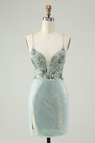 Vestido de cóctel ajustado con cuello en V y lentejuelas con purpurina verde polvoriento